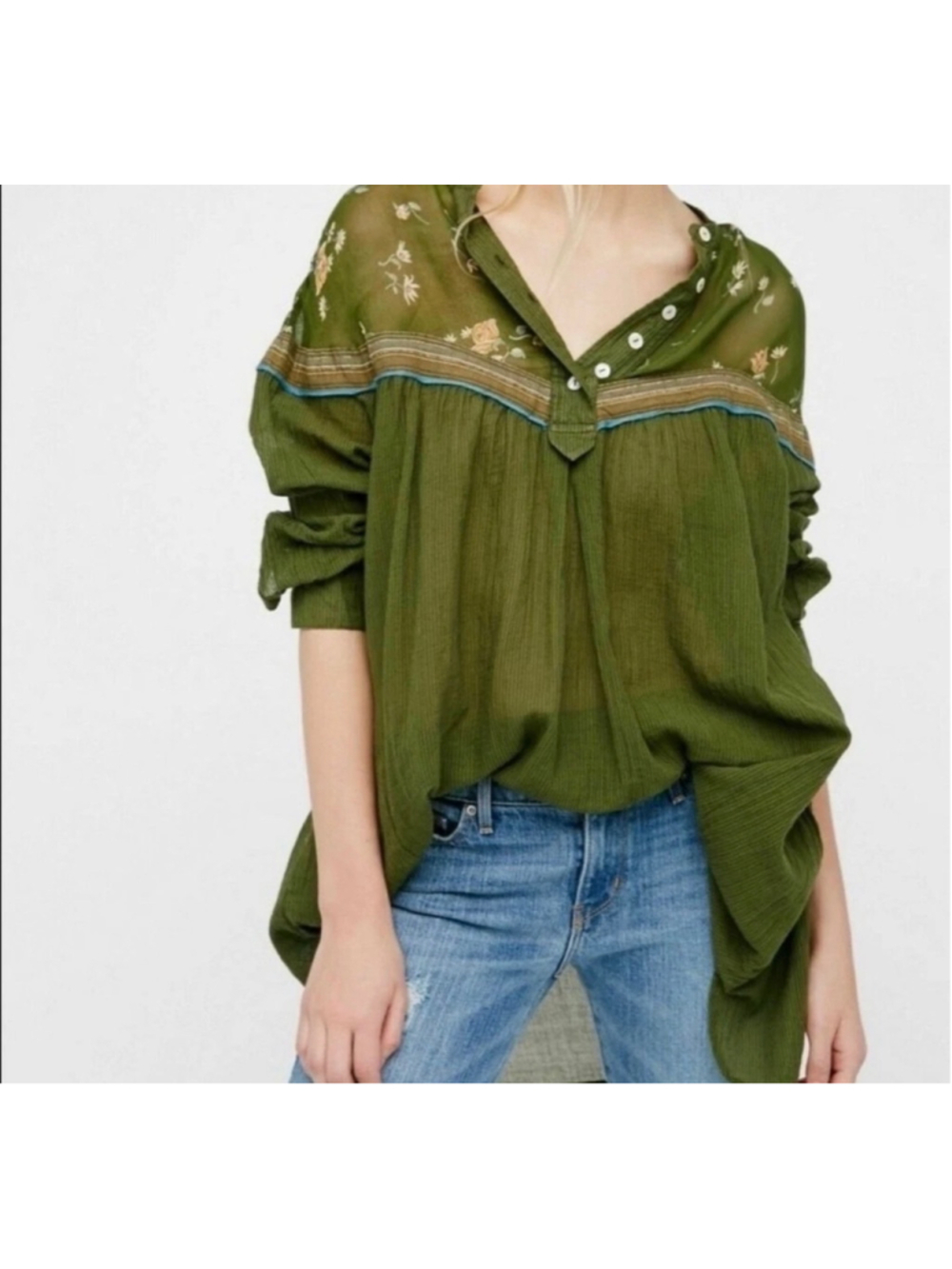 Free People Hearts & Colors iFloral/Striped Peasant Tunic Blouse Green SZ Small